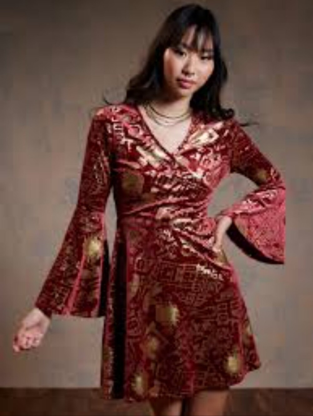 Harry Potter. Burgundy Velvet Long-Sleeve Wrap Dress with Gold Motif